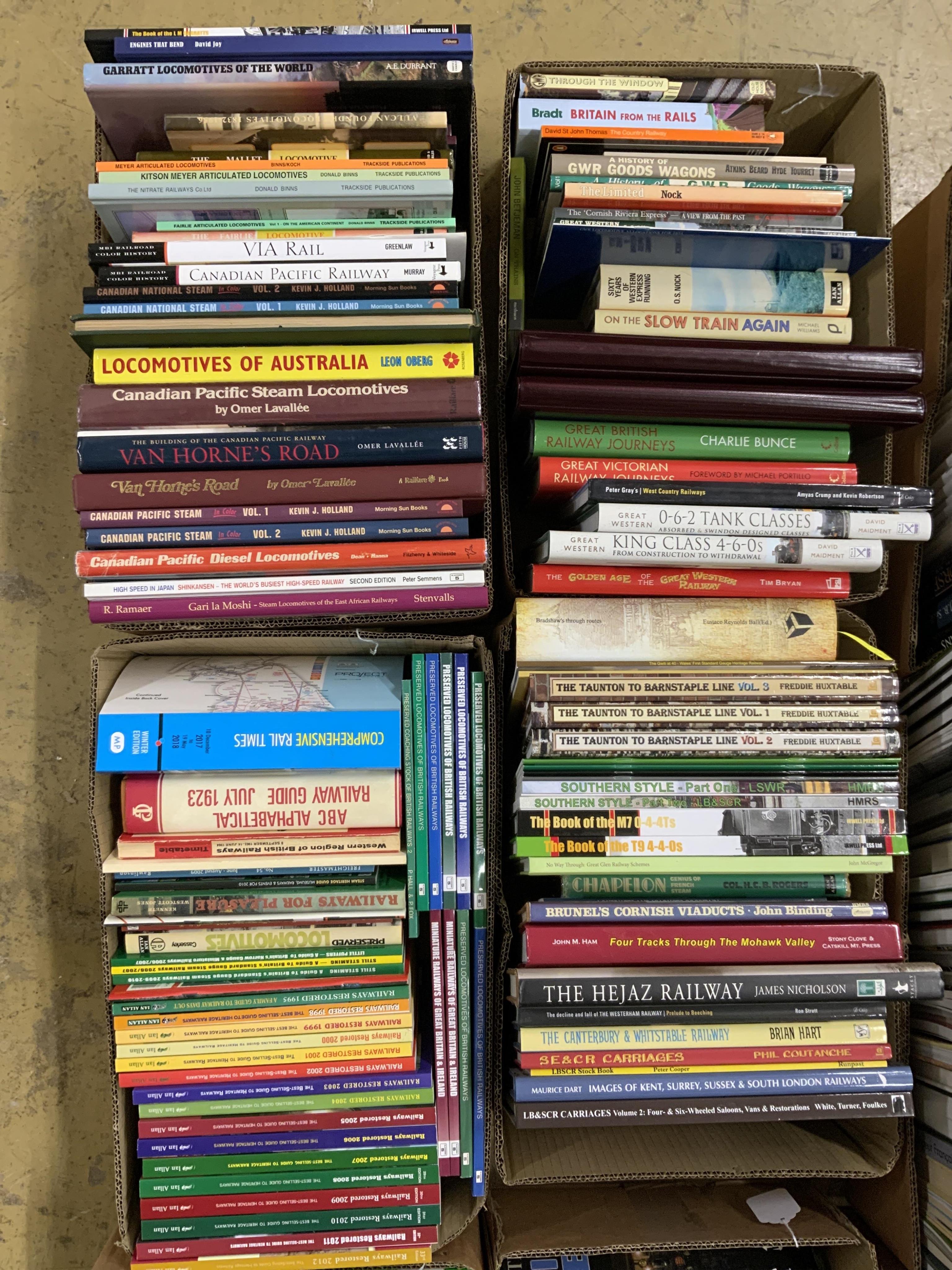 Eight boxes of railway related books, subjects include; locomotives of Australia, British railway journeys, preserved and miniature railways, Southern Railway, branch line railways, Great Western Railway locomotives, etc